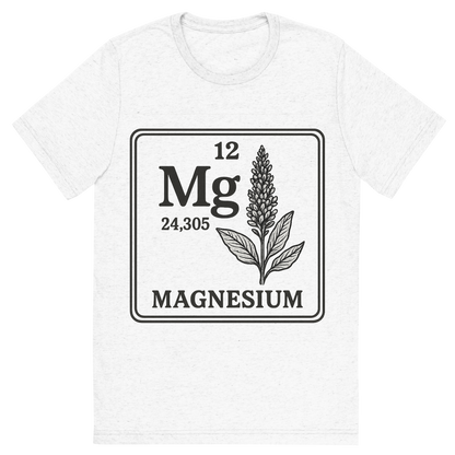 Front view of a Premium Tri-Blend Crew Neck T-Shirt in Solid White showing 'A line art, nostalgic graphic of magnesium's entry on the periodic table, use a dark color for the lines and text'