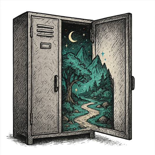 A hand-drawn ink with pop color, mystical graphic of a mysterious open locker with light pouring out, revealing a fantasy world inside. text reads “lost locker” in magical script above the door. centered composition, transparent background, hand-drawn with subtle fantasy pops. dtg optimized. - a t-shirt design