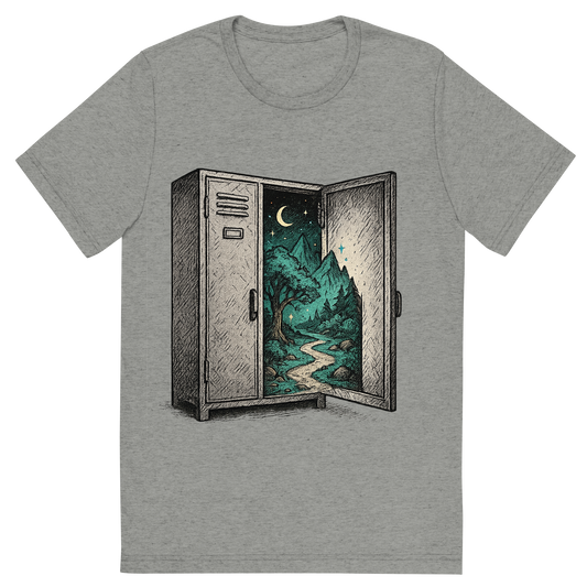 Front view of a Premium Tri-Blend Crew Neck T-Shirt in Athletic Grey showing 'A hand-drawn ink with pop color, mystical graphic of a mysterious open locker with light pouring out, revealing a fantasy world inside. text reads “lost locker” in magical script above the door. centered composition, transparent background, hand-drawn with subtle fantasy pops. dtg optimized.'