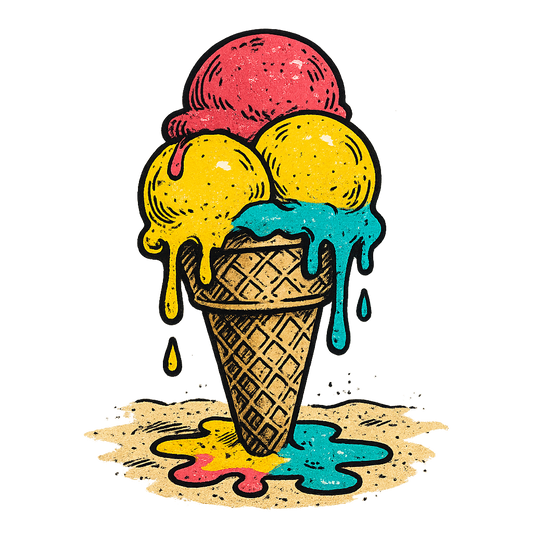 A hand-drawn ink with pops of color, playful graphic of a melting triple-scoop ice cream cone with bright colors dripping onto the sand, hand-drawn ink with pops of color, square layout, transparent background, optimized for dtg printing - a t-shirt design