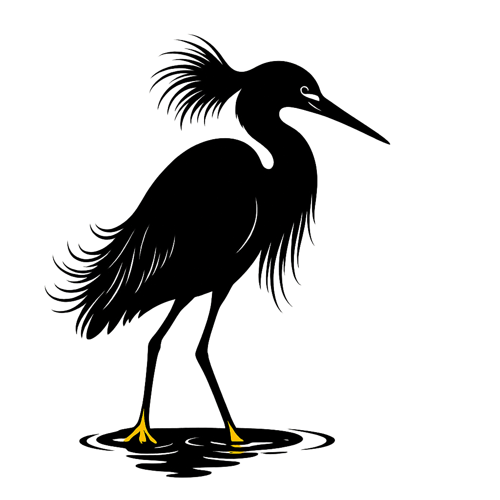 A high-contrast silhouette with minimal accent color, elegant graphic of a high-contrast silhouette of a snowy egret with plume feathers and slender black bill, yellow feet highlighted in color, standing in water, transparent background, optimized for dtg printing - a t-shirt design