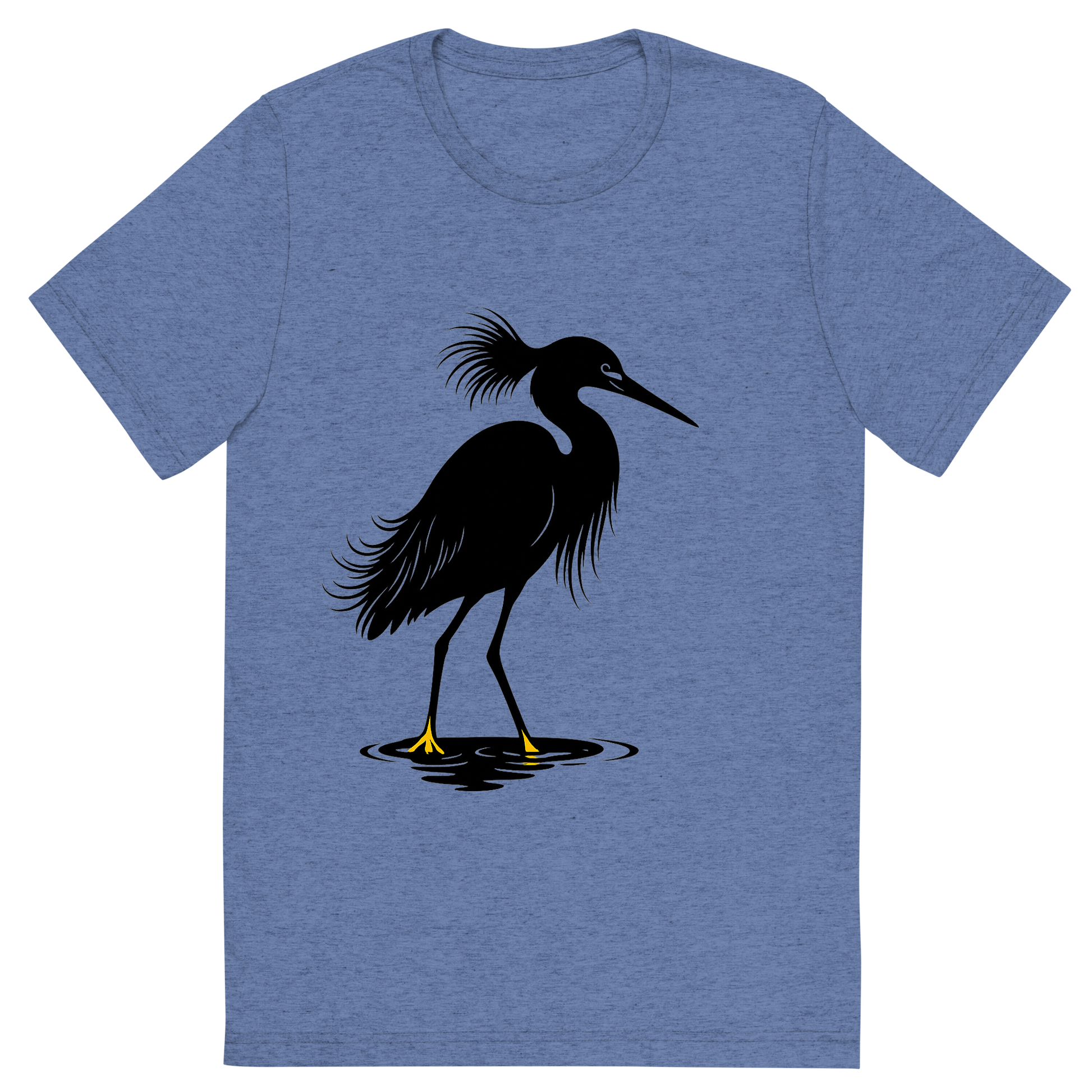Front view of a Premium Tri-Blend Crew Neck T-Shirt in Blue showing 'A high-contrast silhouette with minimal accent color, elegant graphic of a high-contrast silhouette of a snowy egret with plume feathers and slender black bill, yellow feet highlighted in color, standing in water, transparent background, optimized for dtg printing'