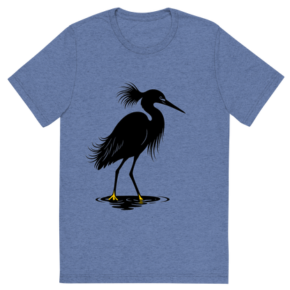 Front view of a Premium Tri-Blend Crew Neck T-Shirt in Blue showing 'A high-contrast silhouette with minimal accent color, elegant graphic of a high-contrast silhouette of a snowy egret with plume feathers and slender black bill, yellow feet highlighted in color, standing in water, transparent background, optimized for dtg printing'