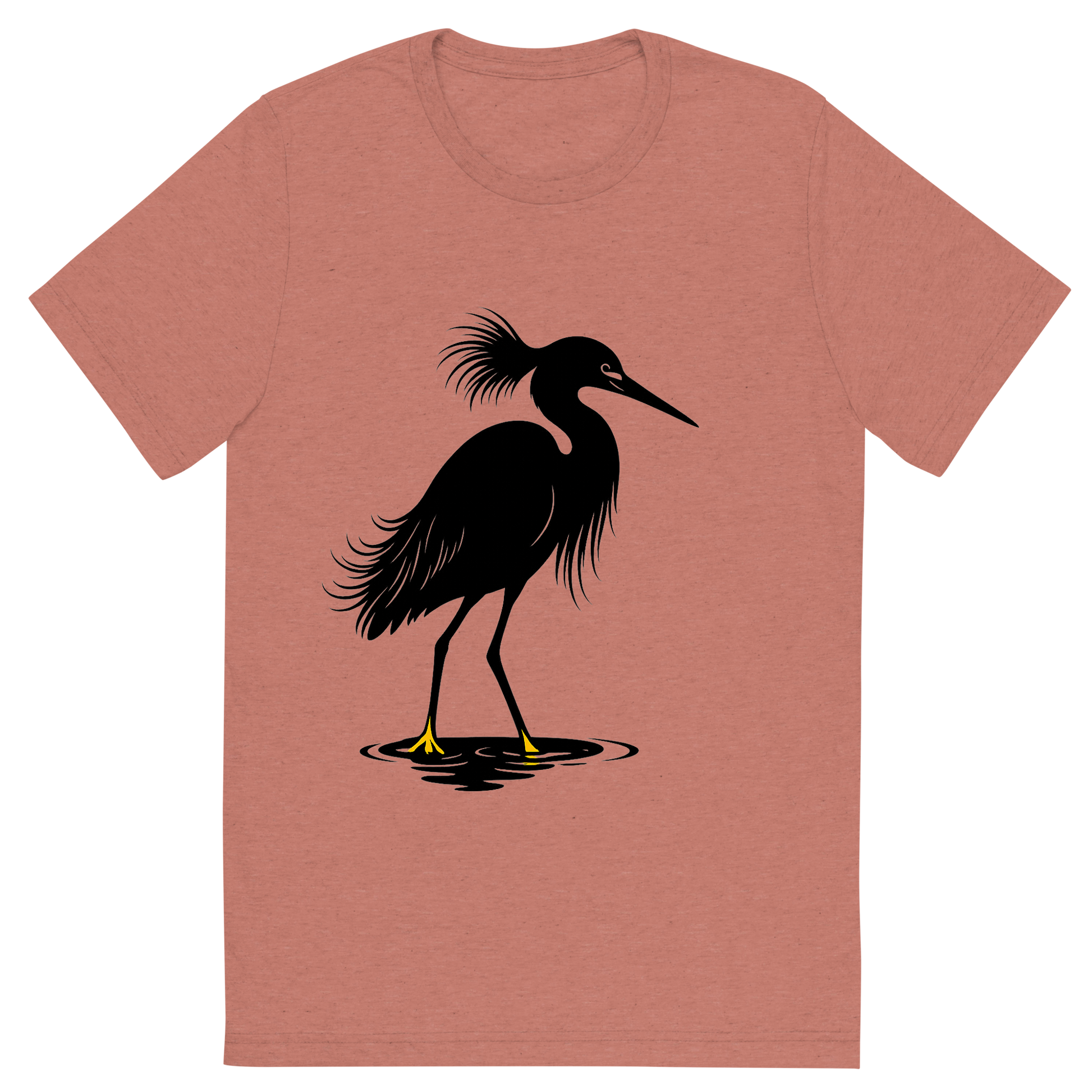 Front view of a Premium Tri-Blend Crew Neck T-Shirt in Mauve showing 'A high-contrast silhouette with minimal accent color, elegant graphic of a high-contrast silhouette of a snowy egret with plume feathers and slender black bill, yellow feet highlighted in color, standing in water, transparent background, optimized for dtg printing'