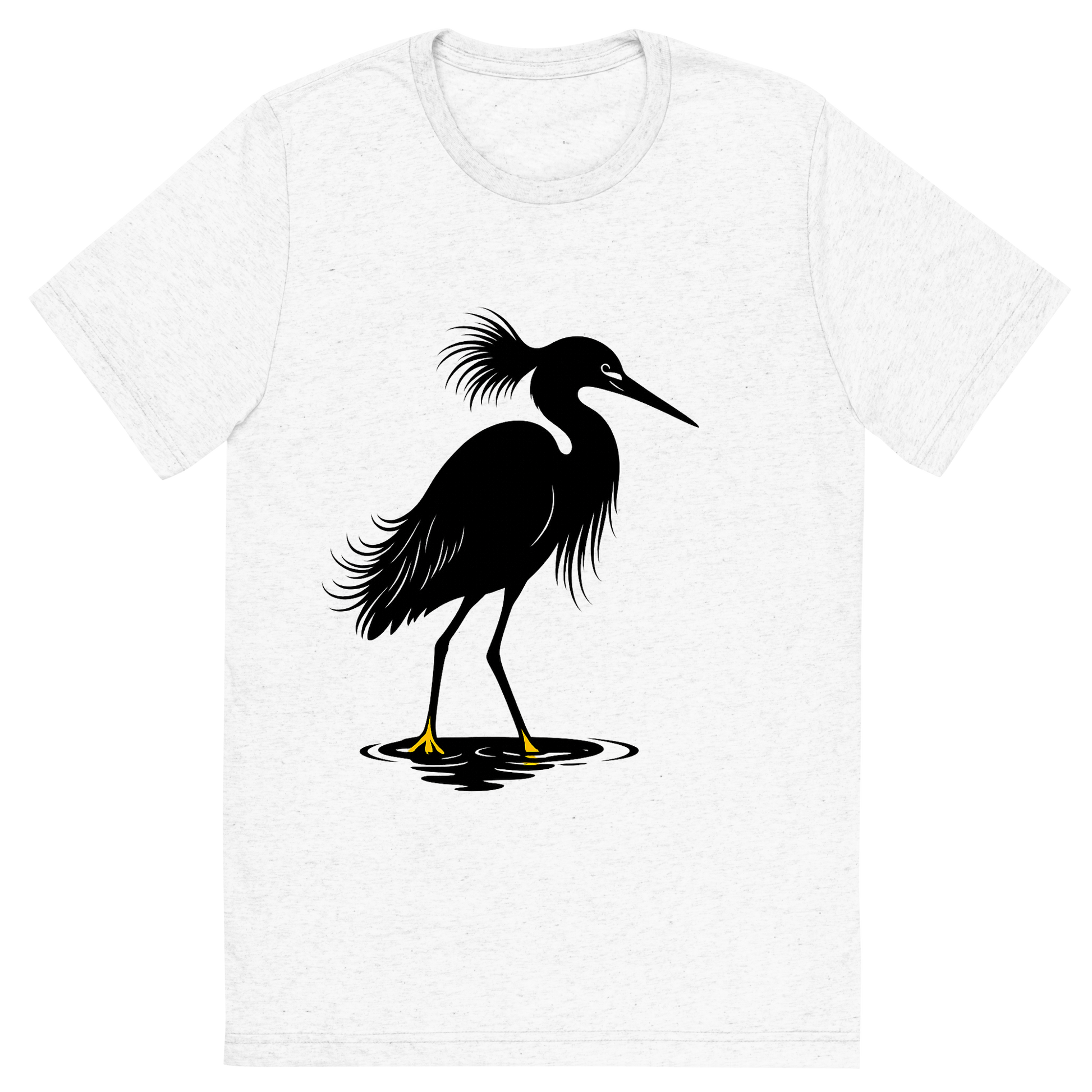 Front view of a Premium Tri-Blend Crew Neck T-Shirt in Solid White showing 'A high-contrast silhouette with minimal accent color, elegant graphic of a high-contrast silhouette of a snowy egret with plume feathers and slender black bill, yellow feet highlighted in color, standing in water, transparent background, optimized for dtg printing'