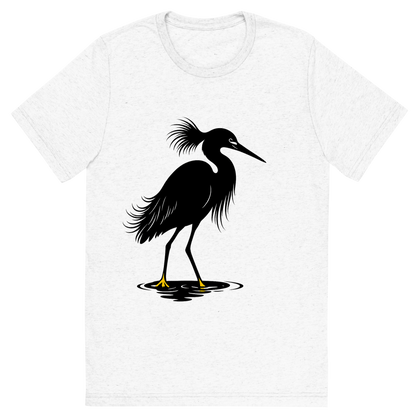 Front view of a Premium Tri-Blend Crew Neck T-Shirt in Solid White showing 'A high-contrast silhouette with minimal accent color, elegant graphic of a high-contrast silhouette of a snowy egret with plume feathers and slender black bill, yellow feet highlighted in color, standing in water, transparent background, optimized for dtg printing'