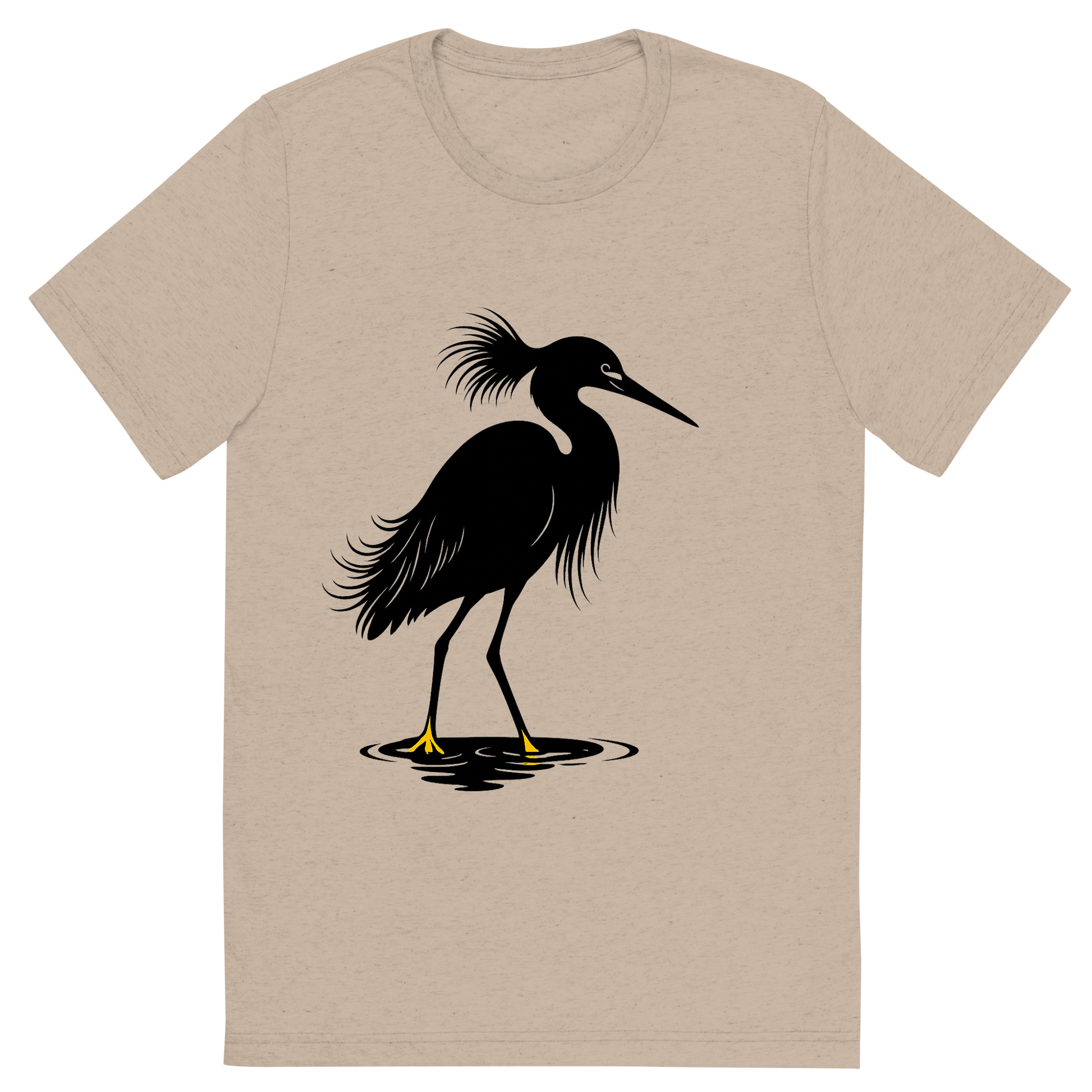 Front view of a Premium Tri-Blend Crew Neck T-Shirt in Tan showing 'A high-contrast silhouette with minimal accent color, elegant graphic of a high-contrast silhouette of a snowy egret with plume feathers and slender black bill, yellow feet highlighted in color, standing in water, transparent background, optimized for dtg printing'