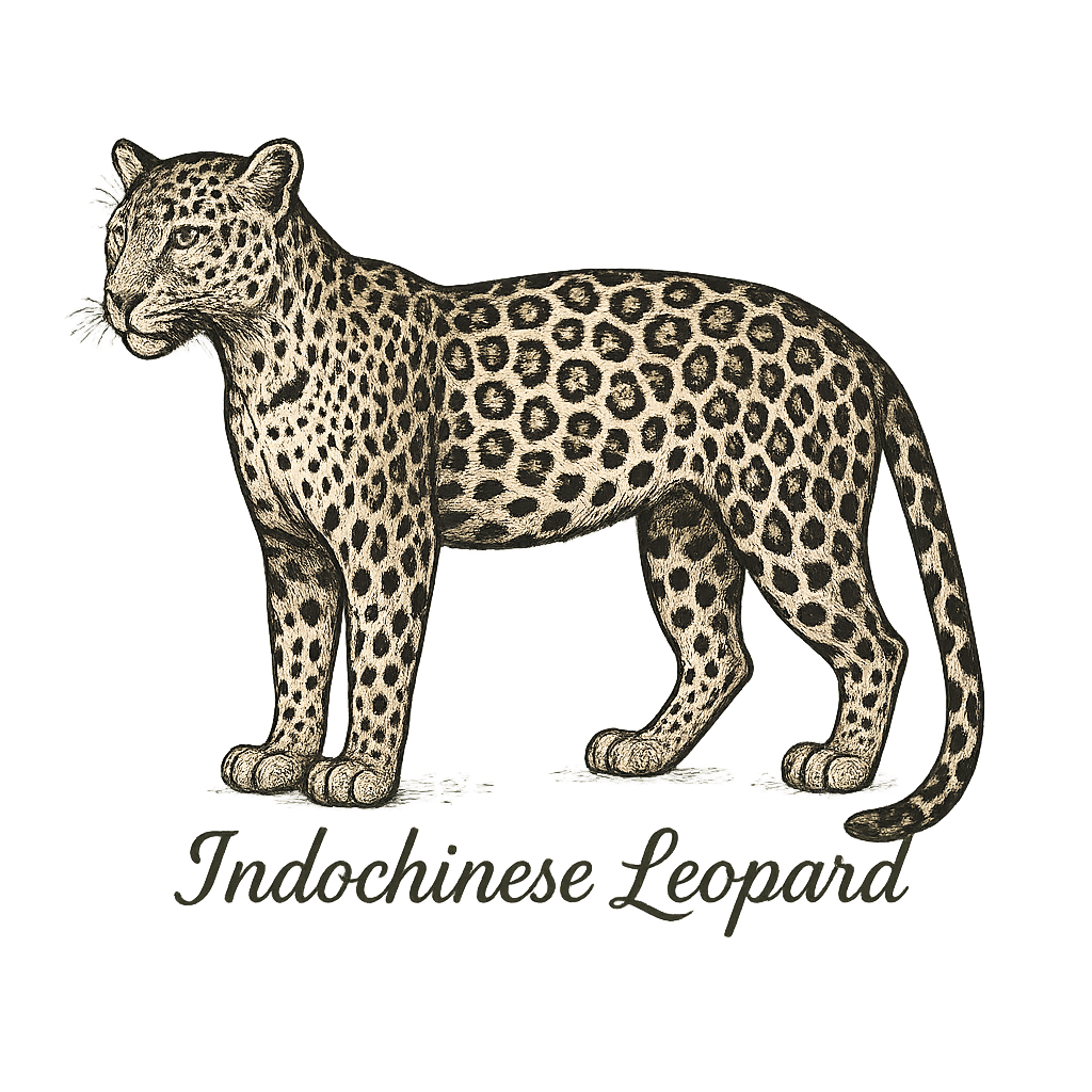 A flat, neutral graphic of a drawing of an indochinese leopard with rosette spots and slim build. “indochinese leopard” is inscribed in script.detailed ink illustration on a white background. - a t-shirt design