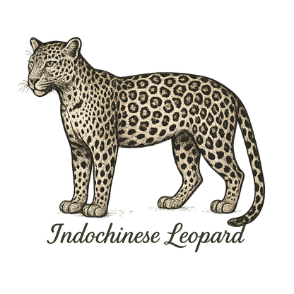 A flat, neutral graphic of a drawing of an indochinese leopard with rosette spots and slim build. “indochinese leopard” is inscribed in script.detailed ink illustration on a white background. - a t-shirt design