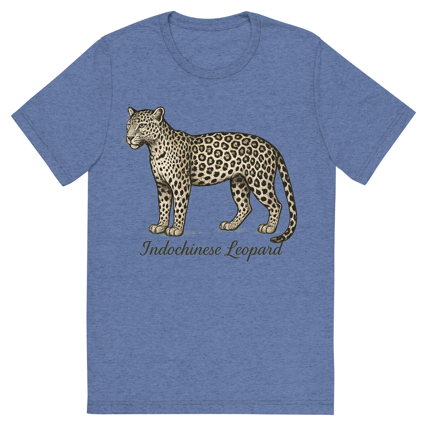 Front view of a Premium Tri-Blend Crew Neck T-Shirt in Blue showing 'A flat, neutral graphic of a drawing of an indochinese leopard with rosette spots and slim build. “indochinese leopard” is inscribed in script.detailed ink illustration on a white background.'