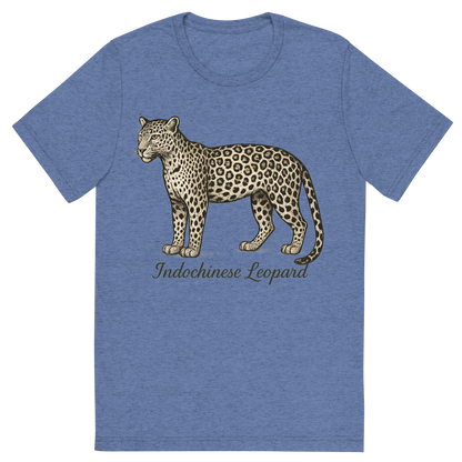 Front view of a Premium Tri-Blend Crew Neck T-Shirt in Blue showing 'A flat, neutral graphic of a drawing of an indochinese leopard with rosette spots and slim build. “indochinese leopard” is inscribed in script.detailed ink illustration on a white background.'
