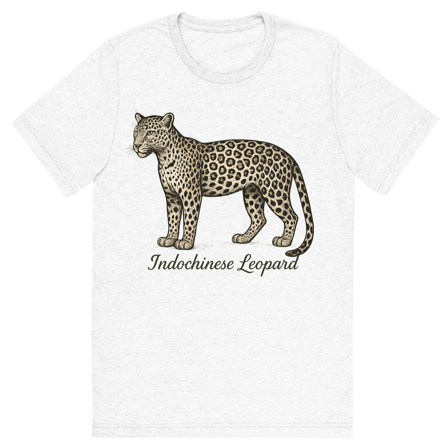 Front view of a Premium Tri-Blend Crew Neck T-Shirt in Solid White showing 'A flat, neutral graphic of a drawing of an indochinese leopard with rosette spots and slim build. “indochinese leopard” is inscribed in script.detailed ink illustration on a white background.'