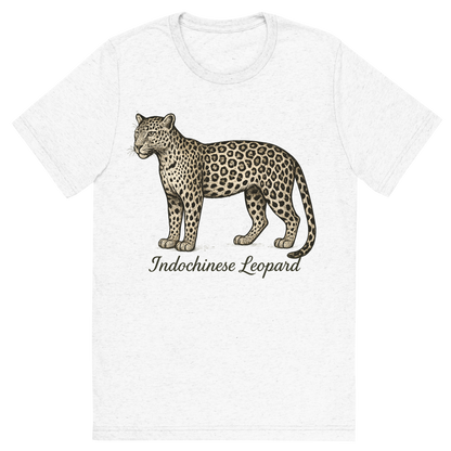 Front view of a Premium Tri-Blend Crew Neck T-Shirt in Solid White showing 'A flat, neutral graphic of a drawing of an indochinese leopard with rosette spots and slim build. “indochinese leopard” is inscribed in script.detailed ink illustration on a white background.'