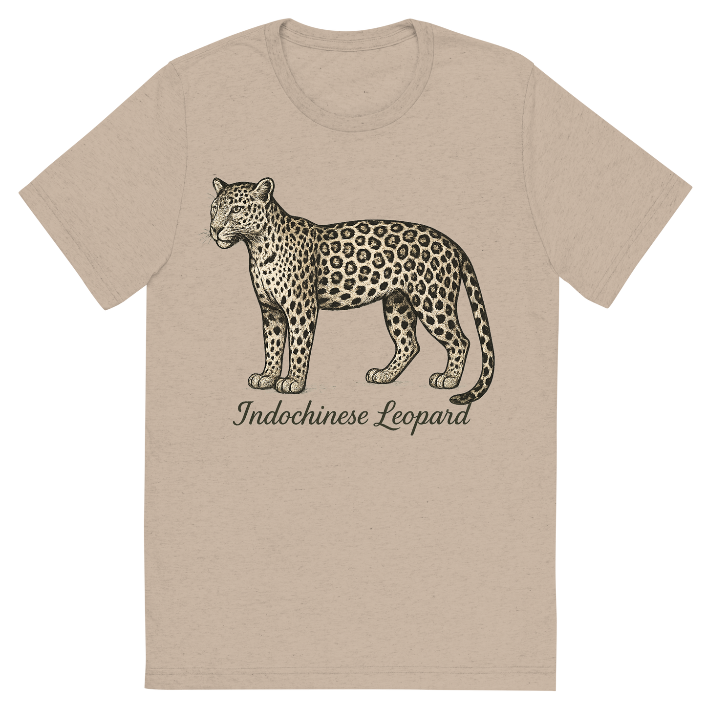 Front view of a Premium Tri-Blend Crew Neck T-Shirt in Tan showing 'A flat, neutral graphic of a drawing of an indochinese leopard with rosette spots and slim build. “indochinese leopard” is inscribed in script.detailed ink illustration on a white background.'