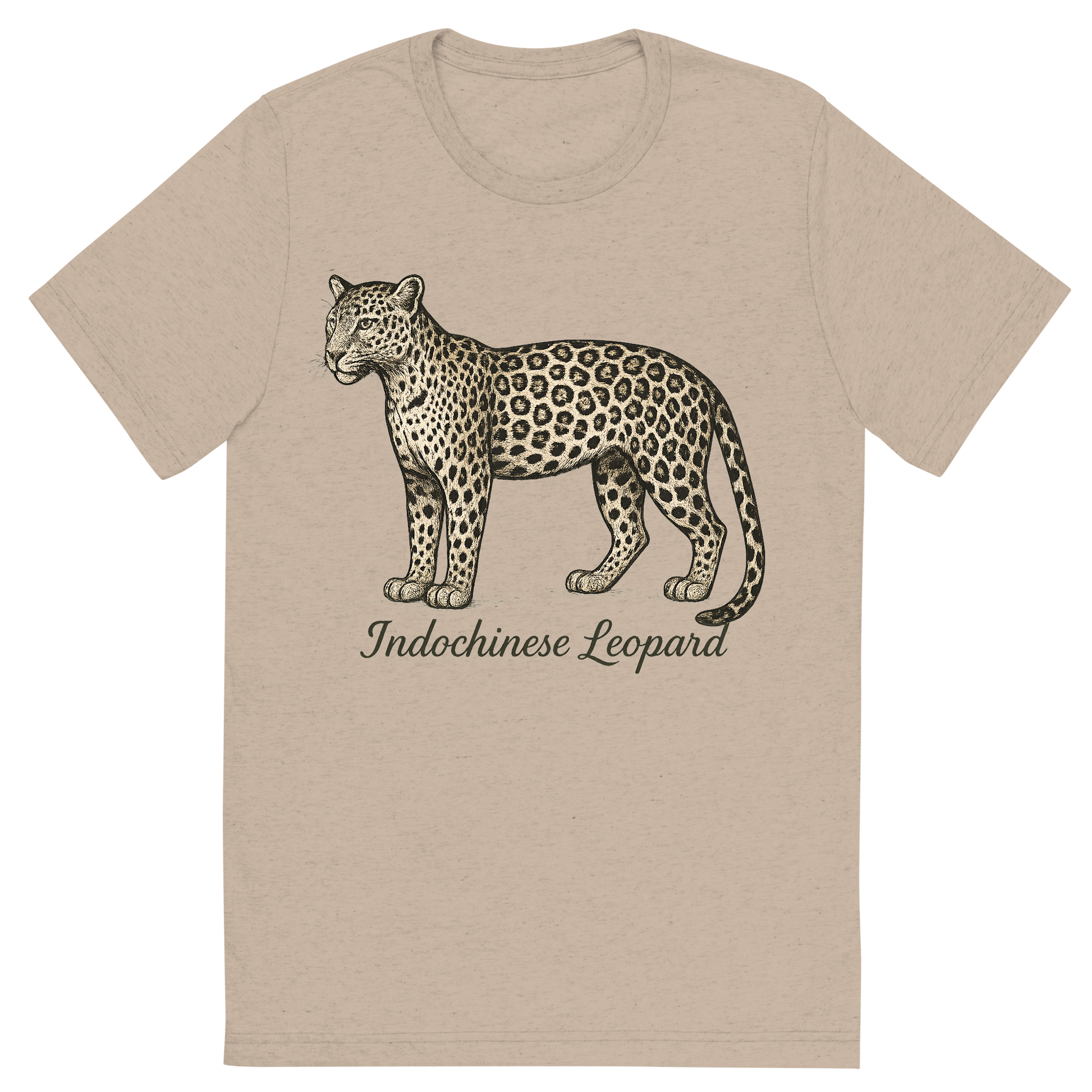 Front view of a Premium Tri-Blend Crew Neck T-Shirt in Tan showing 'A flat, neutral graphic of a drawing of an indochinese leopard with rosette spots and slim build. “indochinese leopard” is inscribed in script.detailed ink illustration on a white background.'