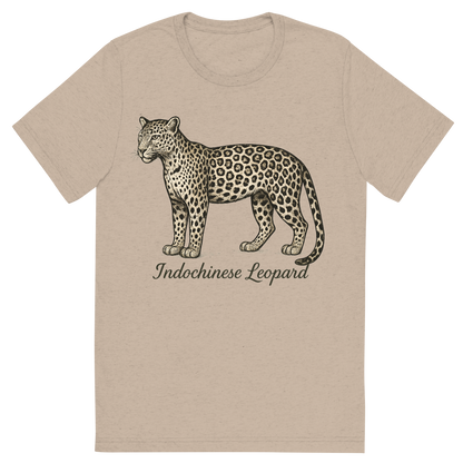 Front view of a Premium Tri-Blend Crew Neck T-Shirt in Tan showing 'A flat, neutral graphic of a drawing of an indochinese leopard with rosette spots and slim build. “indochinese leopard” is inscribed in script.detailed ink illustration on a white background.'
