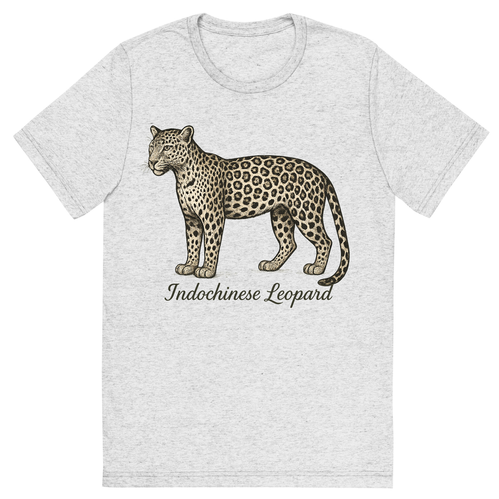 Front view of a Premium Tri-Blend Crew Neck T-Shirt in White Fleck showing 'A flat, neutral graphic of a drawing of an indochinese leopard with rosette spots and slim build. “indochinese leopard” is inscribed in script.detailed ink illustration on a white background.'