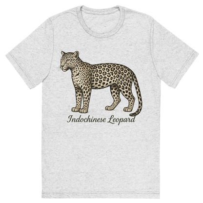 Front view of a Premium Tri-Blend Crew Neck T-Shirt in White Fleck showing 'A flat, neutral graphic of a drawing of an indochinese leopard with rosette spots and slim build. “indochinese leopard” is inscribed in script.detailed ink illustration on a white background.'