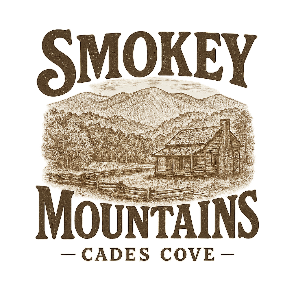 A typographic, nostalgic graphic of a typographic illustration of words 'smokey mountains' with a vintage line art drawing of the cades cove – a t-shirt design