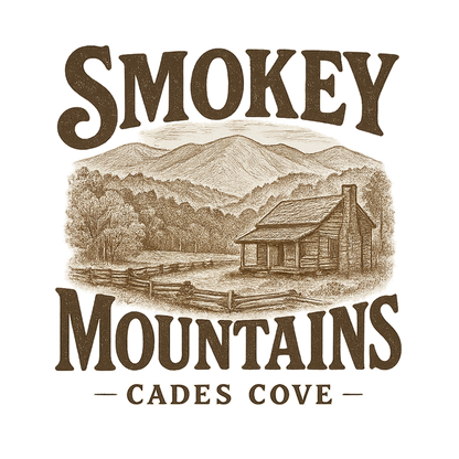 A typographic, nostalgic graphic of a typographic illustration of words 'smokey mountains' with a vintage line art drawing of the cades cove – a t-shirt design