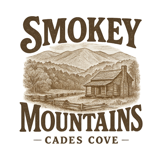 A typographic, nostalgic graphic of a typographic illustration of words 'smokey mountains' with a vintage line art drawing of the cades cove – a t-shirt design