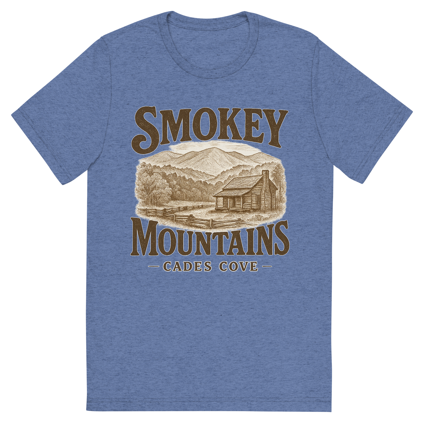 Front view of a Premium Tri-Blend Crew Neck T-Shirt in Blue showing 'A typographic, nostalgic graphic of a typographic illustration of words 'smokey mountains' with a vintage line art drawing of the cades cove'