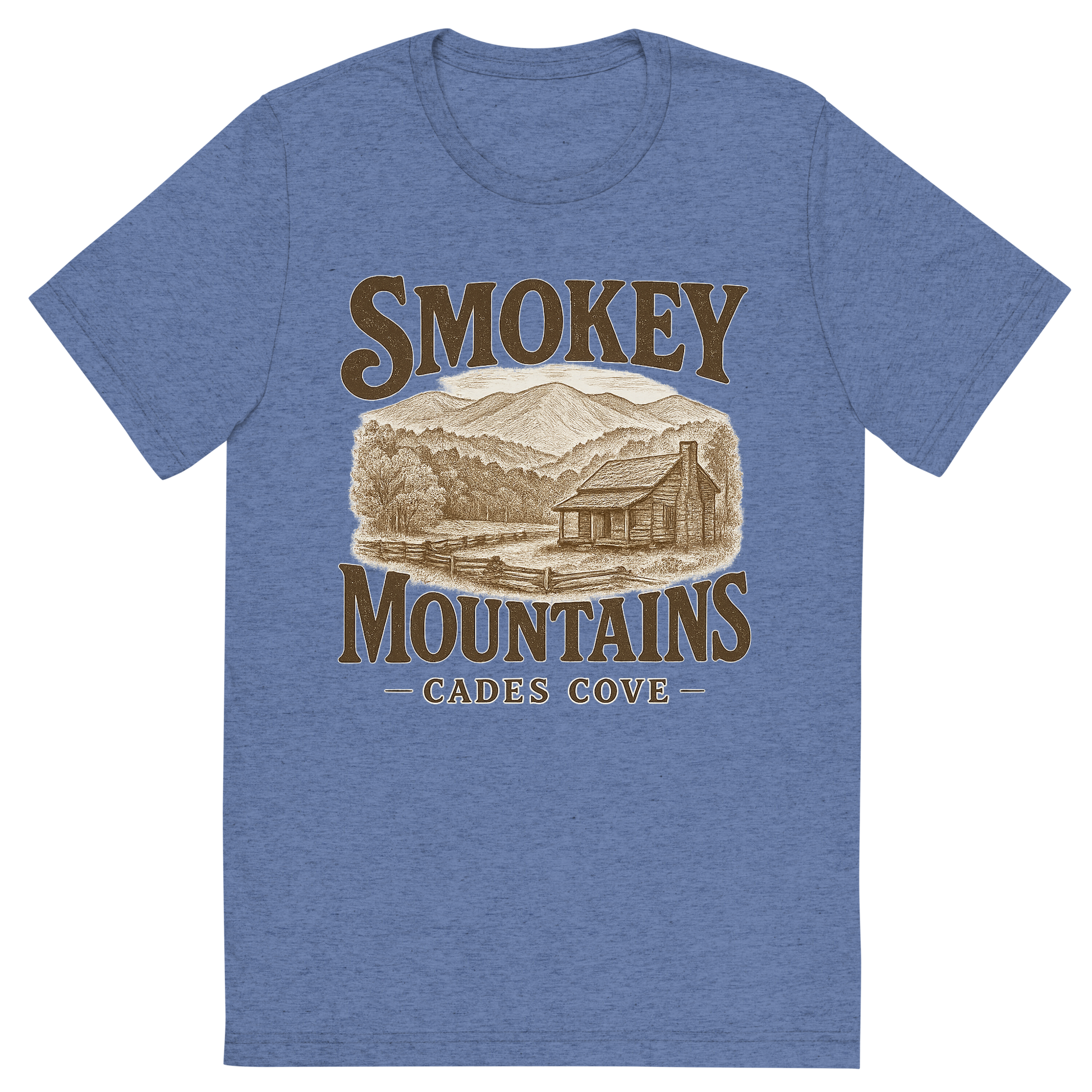 Front view of a Premium Tri-Blend Crew Neck T-Shirt in Blue showing 'A typographic, nostalgic graphic of a typographic illustration of words 'smokey mountains' with a vintage line art drawing of the cades cove'