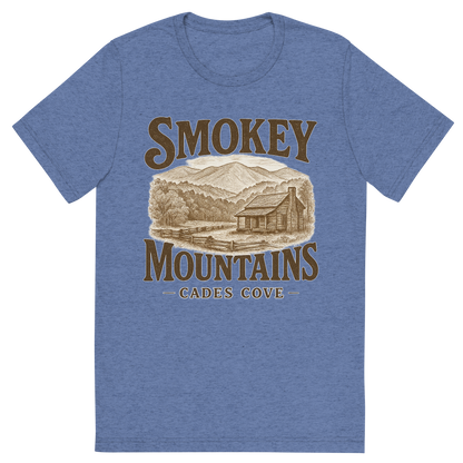 Front view of a Premium Tri-Blend Crew Neck T-Shirt in Blue showing 'A typographic, nostalgic graphic of a typographic illustration of words 'smokey mountains' with a vintage line art drawing of the cades cove'