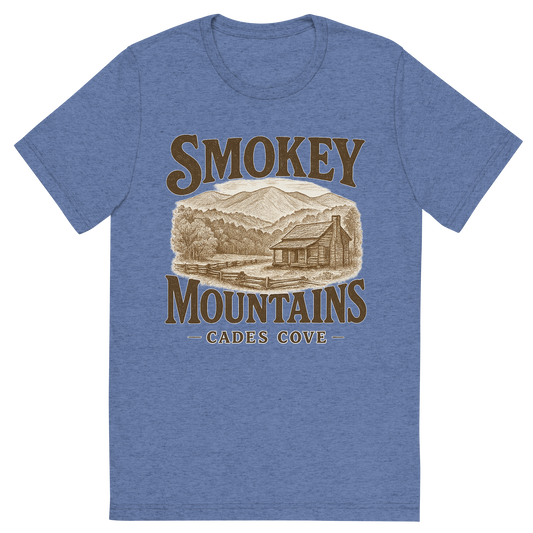 Front view of a Premium Tri-Blend Crew Neck T-Shirt in Blue showing 'A typographic, nostalgic graphic of a typographic illustration of words 'smokey mountains' with a vintage line art drawing of the cades cove'