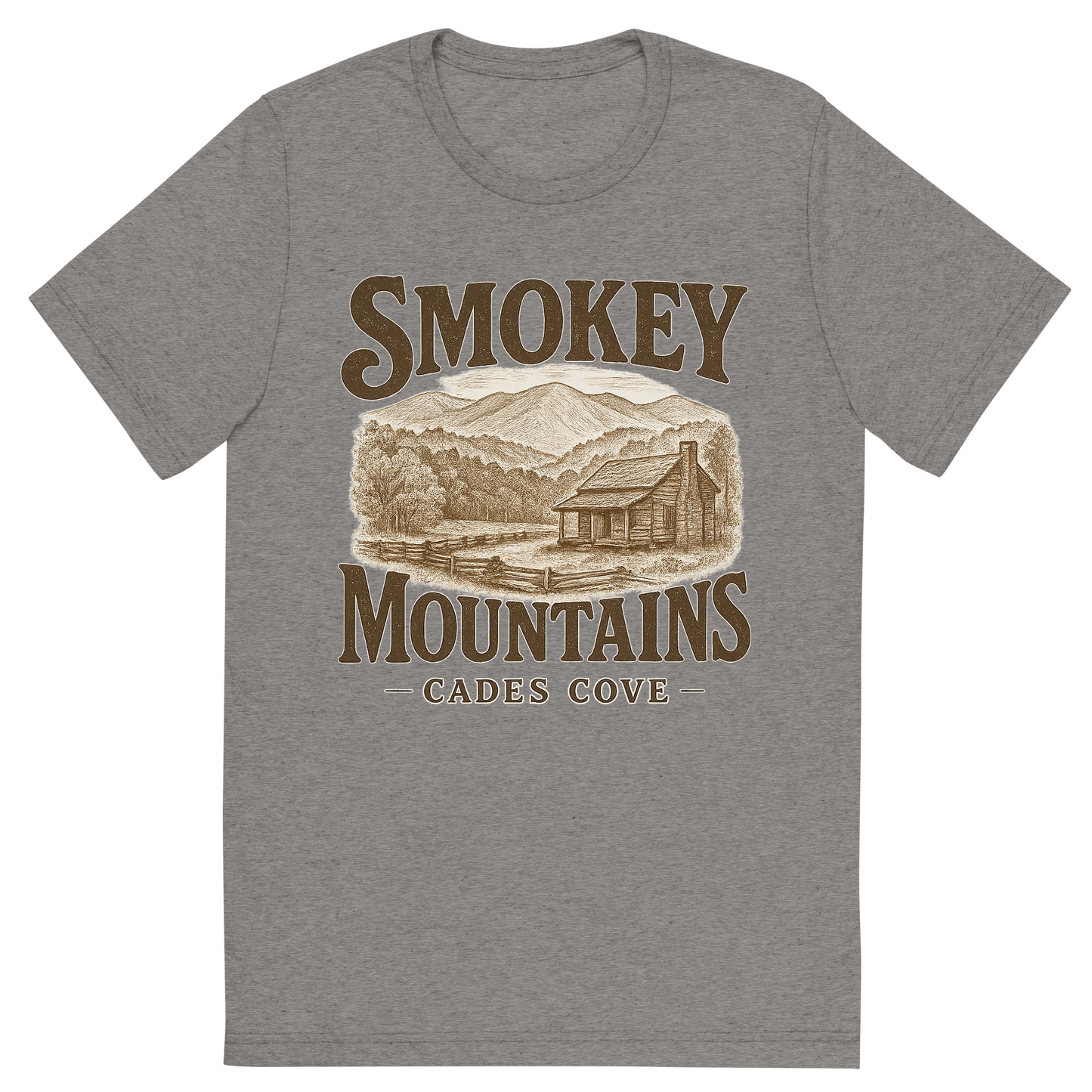 Front view of a Premium Tri-Blend Crew Neck T-Shirt in Grey showing 'A typographic, nostalgic graphic of a typographic illustration of words 'smokey mountains' with a vintage line art drawing of the cades cove'