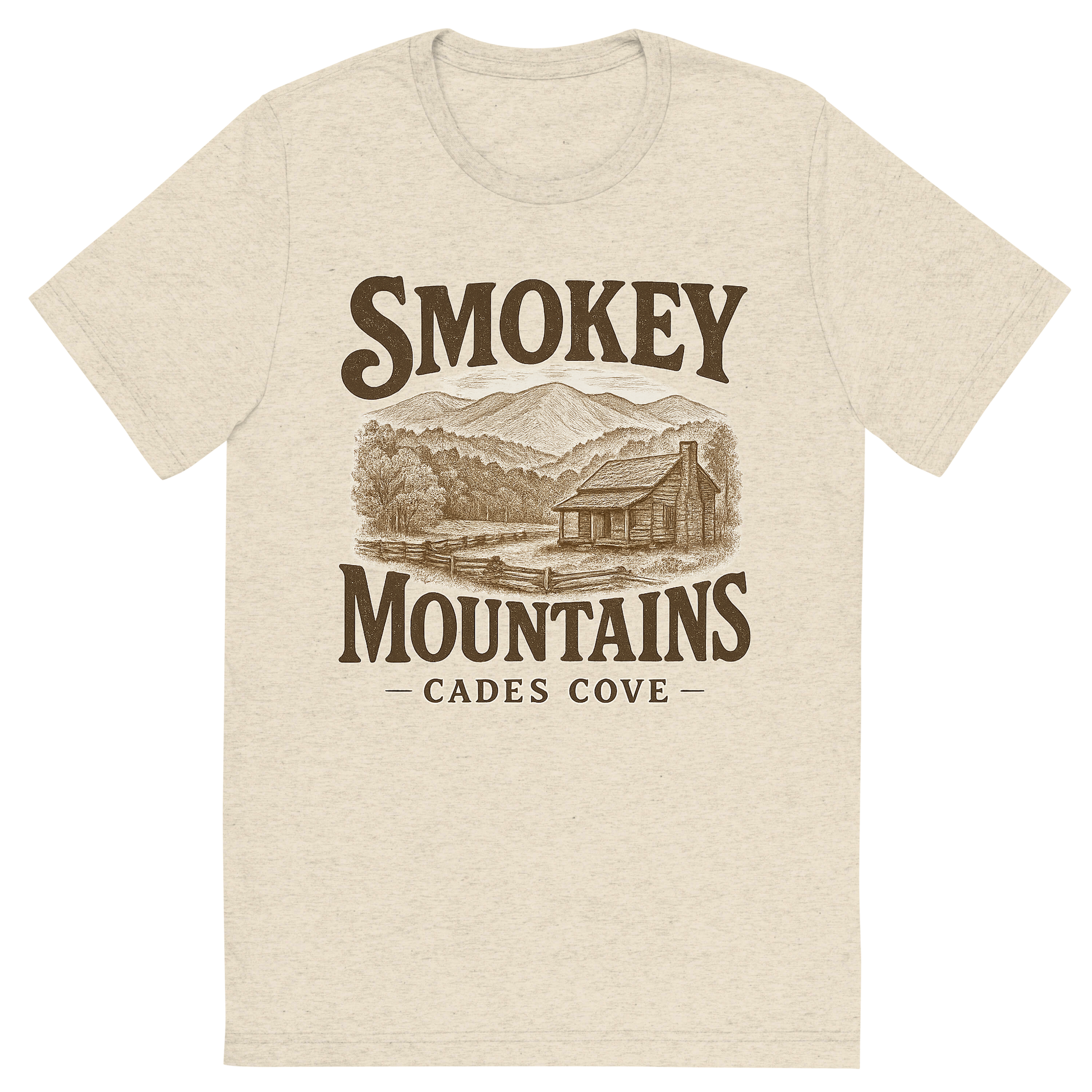 Front view of a Premium Tri-Blend Crew Neck T-Shirt in Oatmeal showing 'A typographic, nostalgic graphic of a typographic illustration of words 'smokey mountains' with a vintage line art drawing of the cades cove'