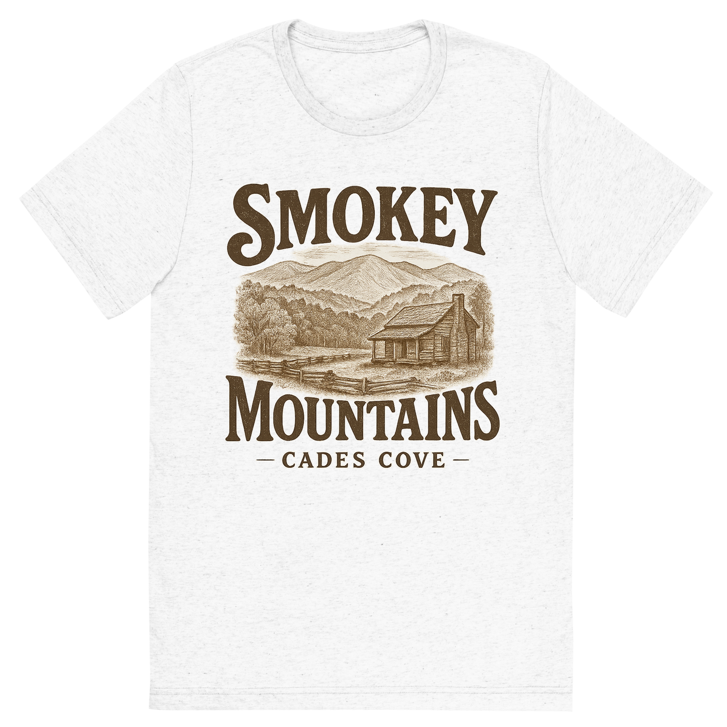 Front view of a Premium Tri-Blend Crew Neck T-Shirt in Solid White showing 'A typographic, nostalgic graphic of a typographic illustration of words 'smokey mountains' with a vintage line art drawing of the cades cove'