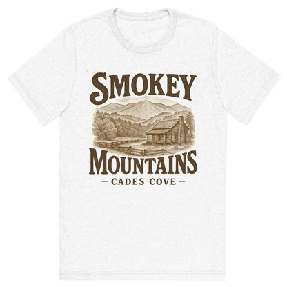 Front view of a Premium Tri-Blend Crew Neck T-Shirt in Solid White showing 'A typographic, nostalgic graphic of a typographic illustration of words 'smokey mountains' with a vintage line art drawing of the cades cove'