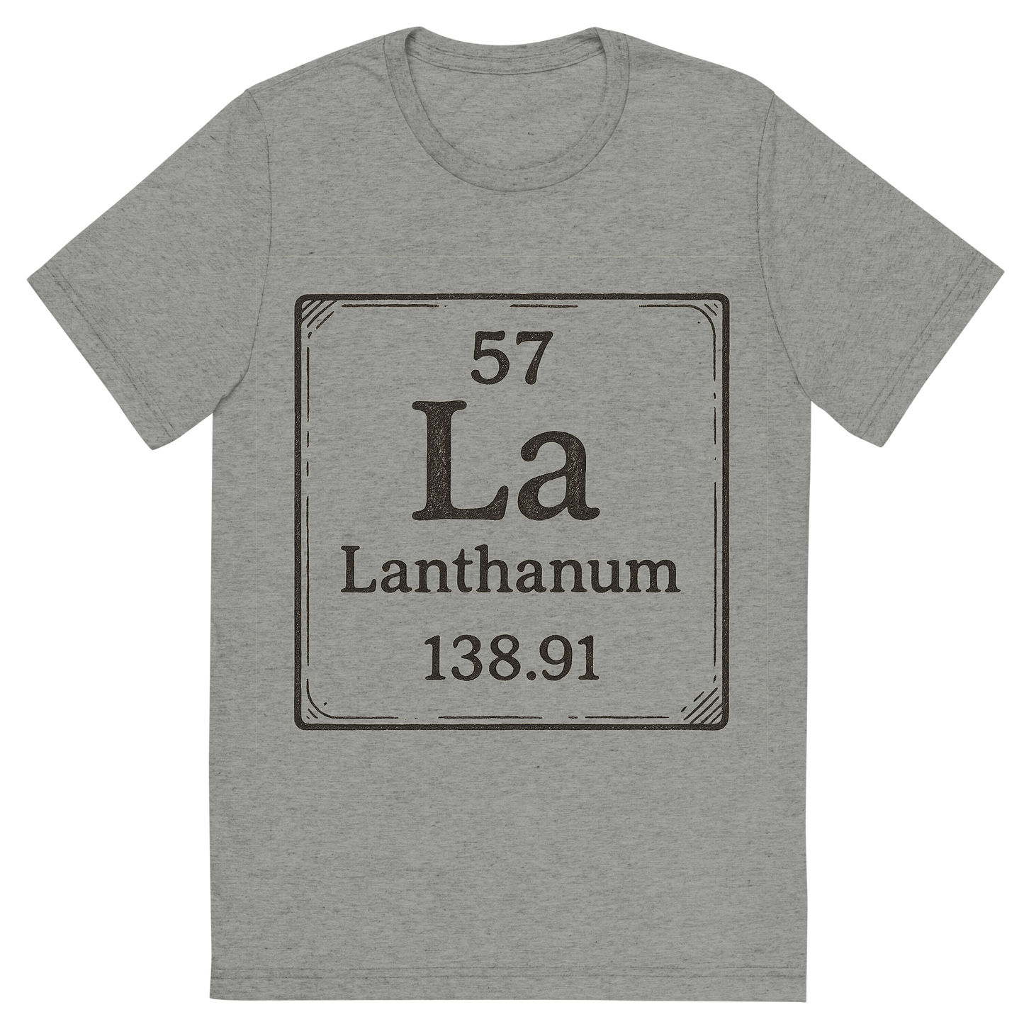 Front view of a Premium Tri-Blend Crew Neck T-Shirt in Athletic Grey showing 'A line art, nostalgic graphic of lanthanum's entry on the periodic table, use a dark color for the lines and text'