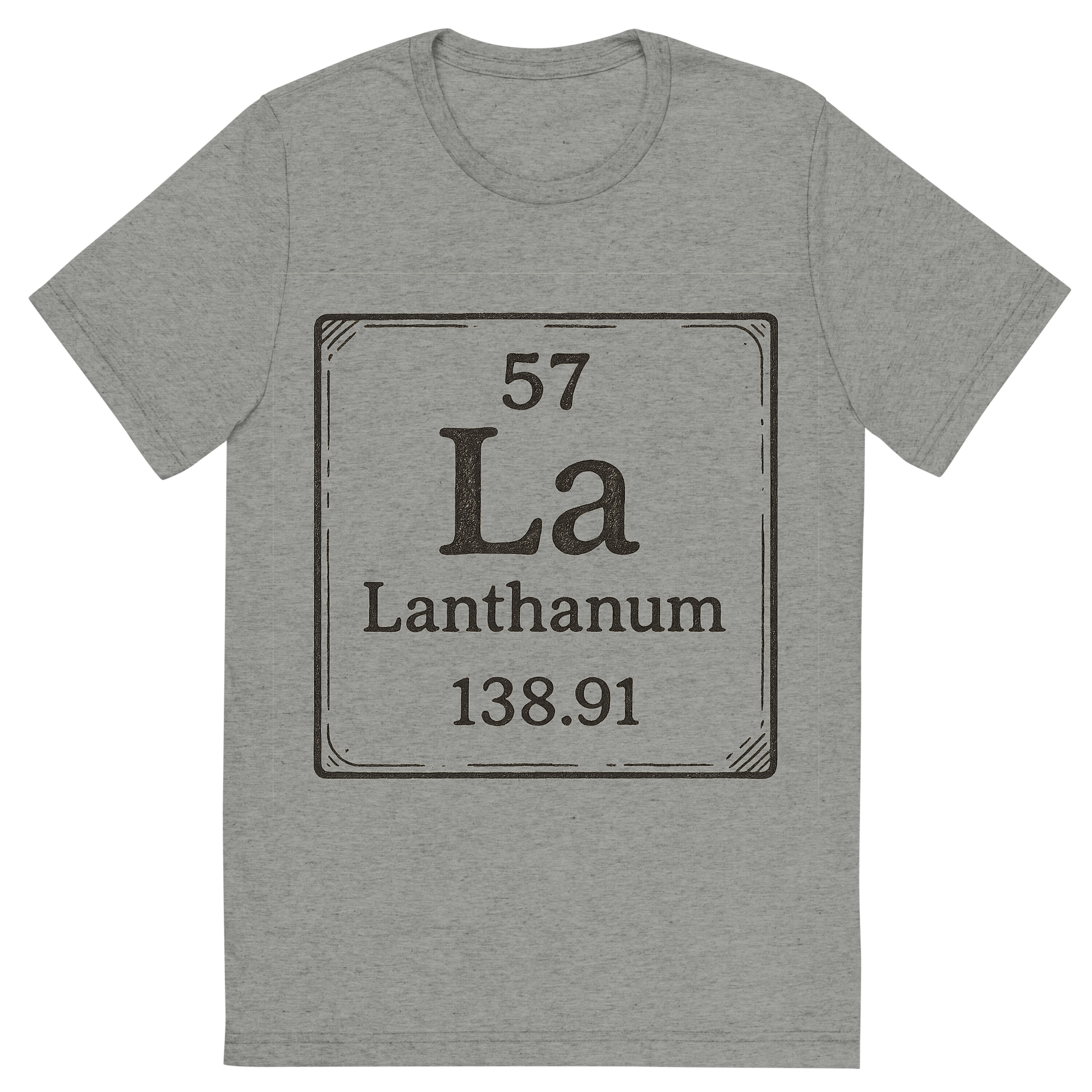 Front view of a Premium Tri-Blend Crew Neck T-Shirt in Athletic Grey showing 'A line art, nostalgic graphic of lanthanum's entry on the periodic table, use a dark color for the lines and text'