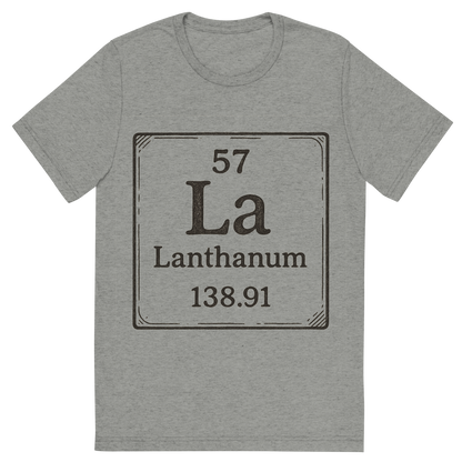 Front view of a Premium Tri-Blend Crew Neck T-Shirt in Athletic Grey showing 'A line art, nostalgic graphic of lanthanum's entry on the periodic table, use a dark color for the lines and text'