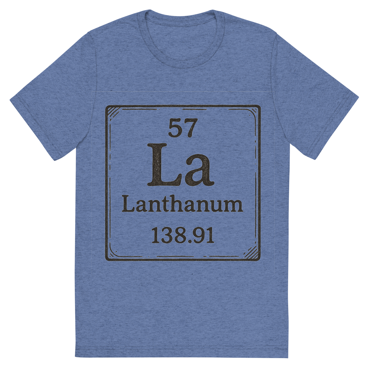 Front view of a Premium Tri-Blend Crew Neck T-Shirt in Blue showing 'A line art, nostalgic graphic of lanthanum's entry on the periodic table, use a dark color for the lines and text'