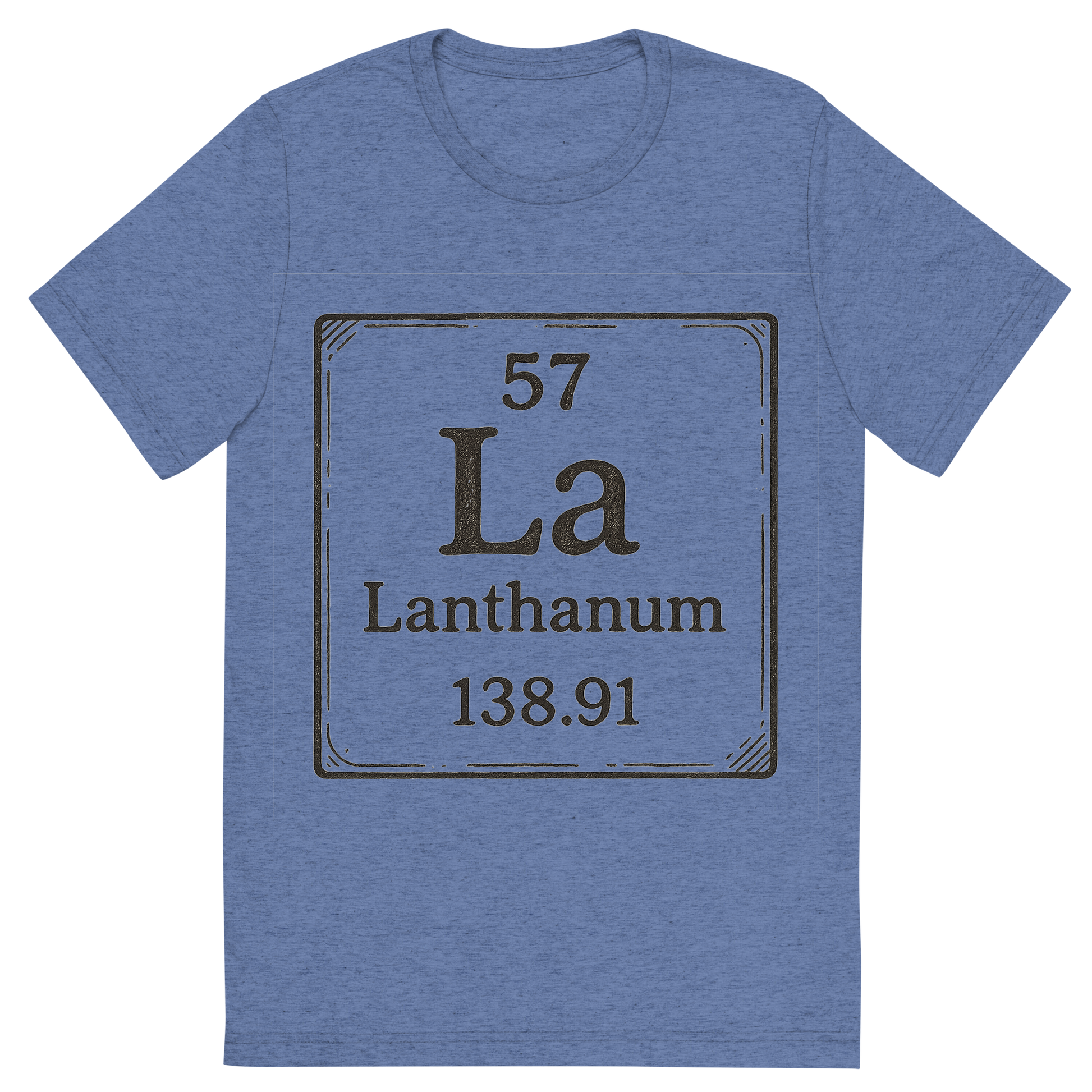 Front view of a Premium Tri-Blend Crew Neck T-Shirt in Blue showing 'A line art, nostalgic graphic of lanthanum's entry on the periodic table, use a dark color for the lines and text'