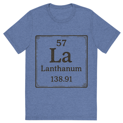 Front view of a Premium Tri-Blend Crew Neck T-Shirt in Blue showing 'A line art, nostalgic graphic of lanthanum's entry on the periodic table, use a dark color for the lines and text'