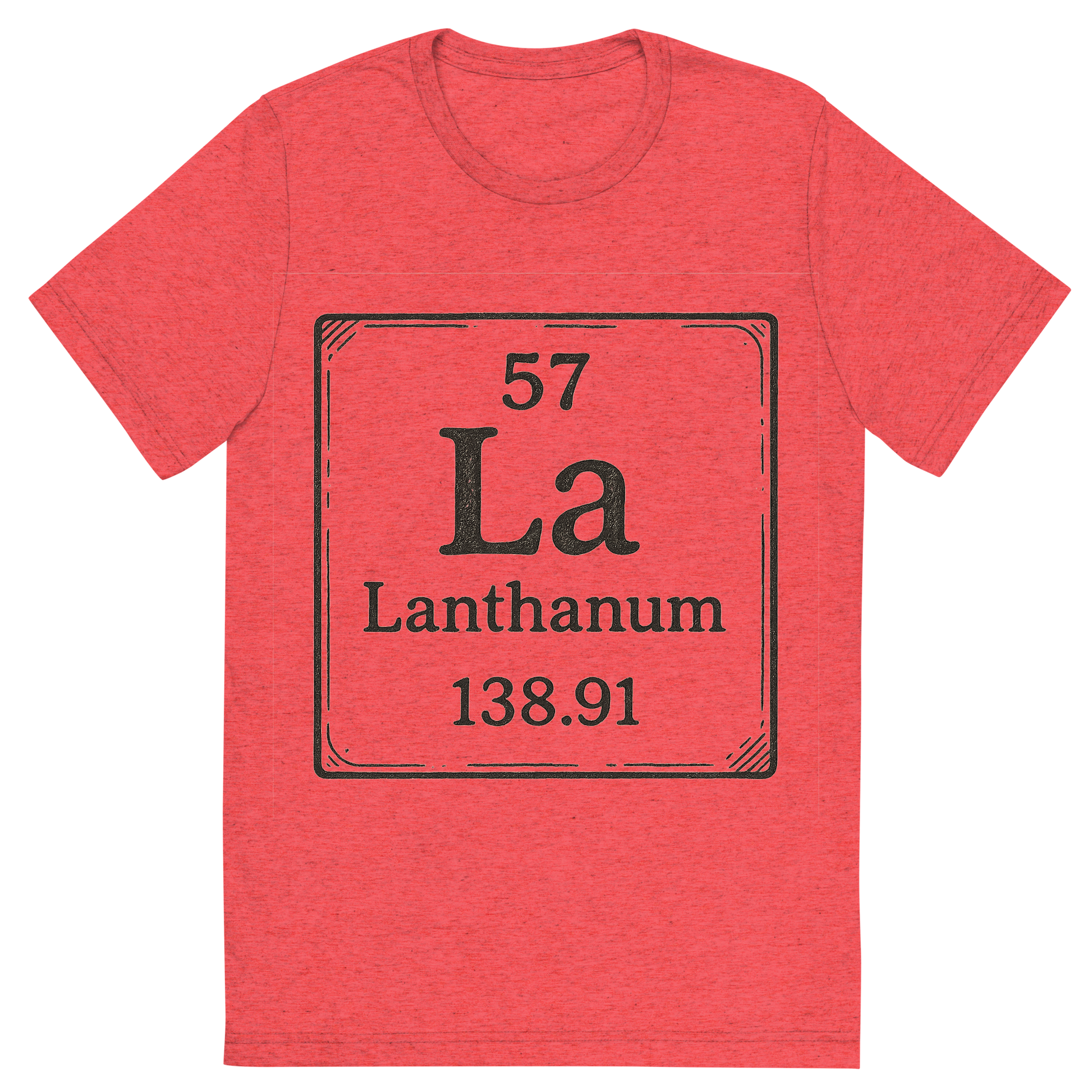 Front view of a Premium Tri-Blend Crew Neck T-Shirt in Red showing 'A line art, nostalgic graphic of lanthanum's entry on the periodic table, use a dark color for the lines and text'