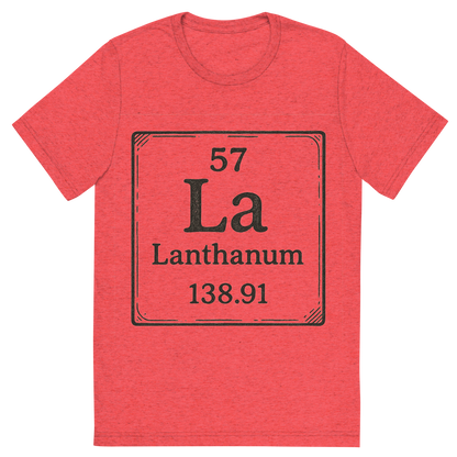 Front view of a Premium Tri-Blend Crew Neck T-Shirt in Red showing 'A line art, nostalgic graphic of lanthanum's entry on the periodic table, use a dark color for the lines and text'