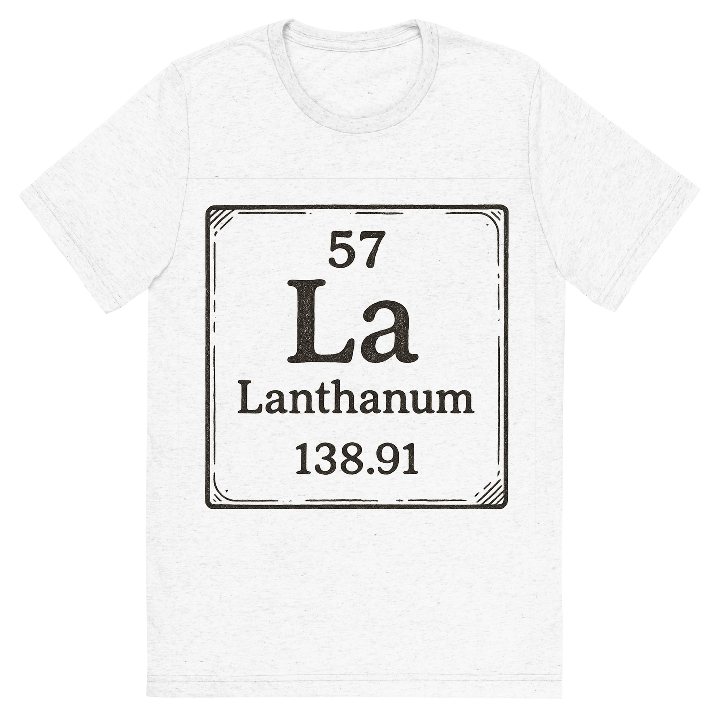 Front view of a Premium Tri-Blend Crew Neck T-Shirt in Solid White showing 'A line art, nostalgic graphic of lanthanum's entry on the periodic table, use a dark color for the lines and text'