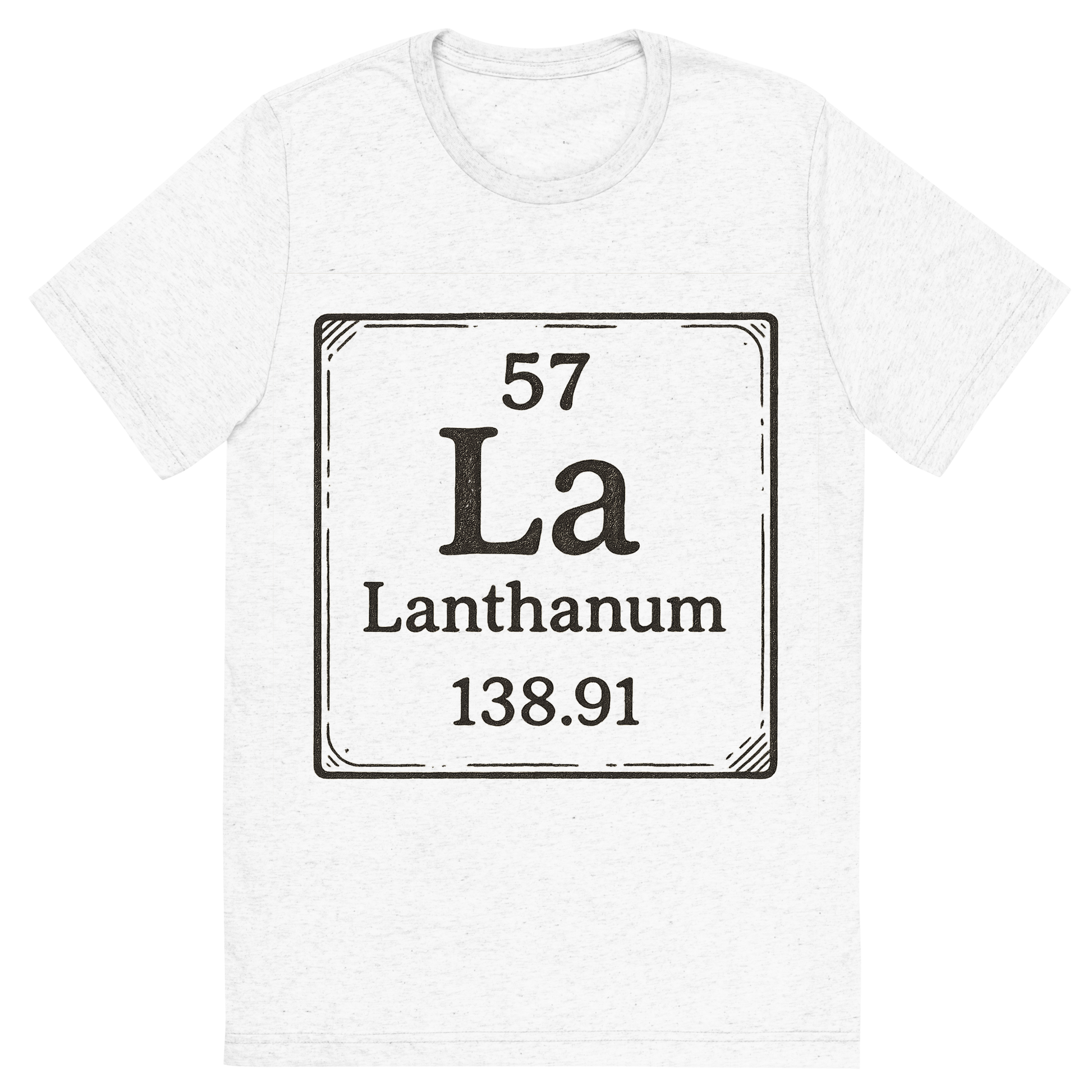 Front view of a Premium Tri-Blend Crew Neck T-Shirt in Solid White showing 'A line art, nostalgic graphic of lanthanum's entry on the periodic table, use a dark color for the lines and text'