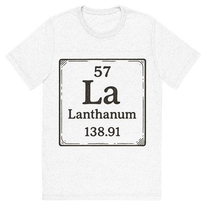 Front view of a Premium Tri-Blend Crew Neck T-Shirt in Solid White showing 'A line art, nostalgic graphic of lanthanum's entry on the periodic table, use a dark color for the lines and text'