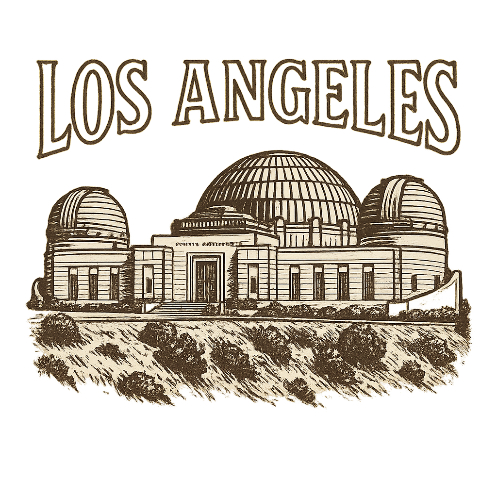 A typographic, nostalgic graphic of a typographic illustration of the words 'los angeles' with a vintage line art drawing of the griffith observatory – a t-shirt design
