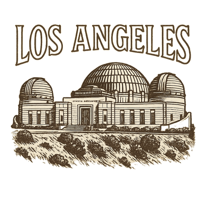 A typographic, nostalgic graphic of a typographic illustration of the words 'los angeles' with a vintage line art drawing of the griffith observatory – a t-shirt design