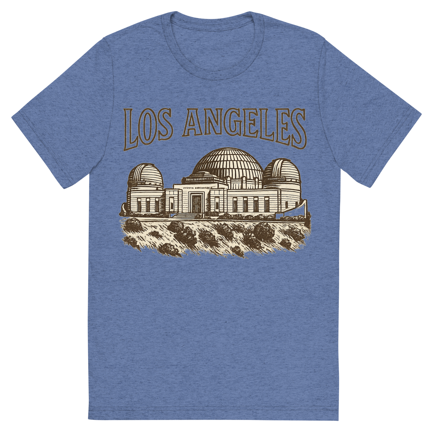 Front view of a Premium Tri-Blend Crew Neck T-Shirt in Blue showing 'A typographic, nostalgic graphic of a typographic illustration of the words 'los angeles' with a vintage line art drawing of the griffith observatory'