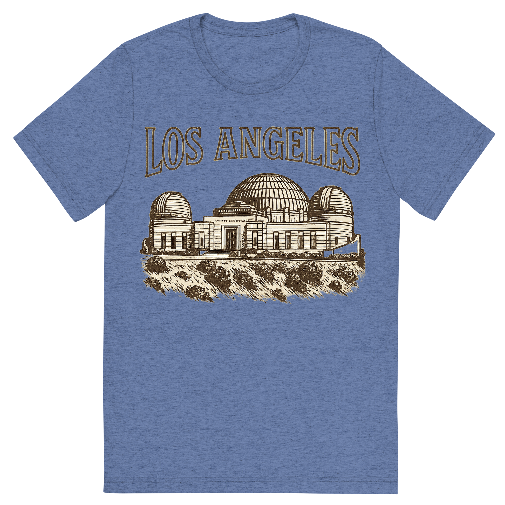 Front view of a Premium Tri-Blend Crew Neck T-Shirt in Blue showing 'A typographic, nostalgic graphic of a typographic illustration of the words 'los angeles' with a vintage line art drawing of the griffith observatory'