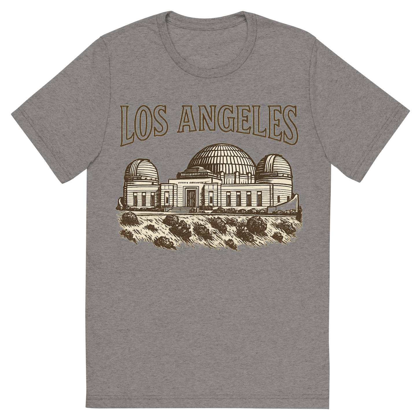 Front view of a Premium Tri-Blend Crew Neck T-Shirt in Grey showing 'A typographic, nostalgic graphic of a typographic illustration of the words 'los angeles' with a vintage line art drawing of the griffith observatory'