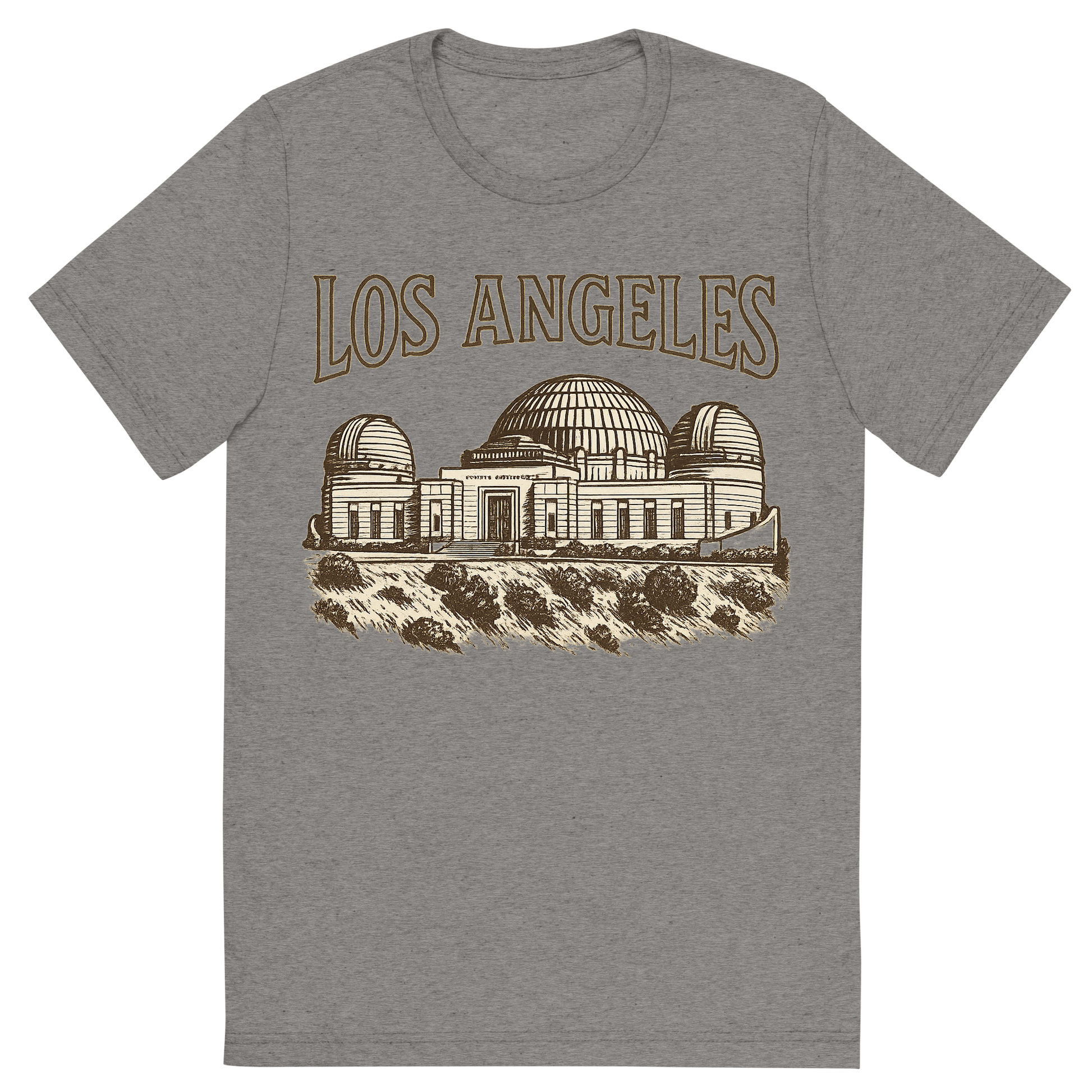 Front view of a Premium Tri-Blend Crew Neck T-Shirt in Grey showing 'A typographic, nostalgic graphic of a typographic illustration of the words 'los angeles' with a vintage line art drawing of the griffith observatory'
